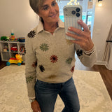 Embroidered V-Neck Sweater w/ Wide Rib Cuff & Hem