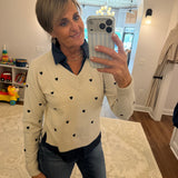 Layered Shirt Sweater w/ Embroidered Hearts