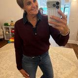 Long Sleeve Drop Shoulder Polo Sweater W/ Denim Shirt Collar & Placket