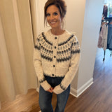 Jacquard Crewneck Cardigan Sweater