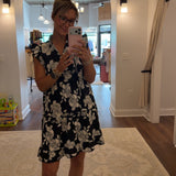 Black & White Floral Ruffle Sleeve Dress