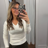 Cotton Blend Ribbed Long Sleeve V-Neck Top