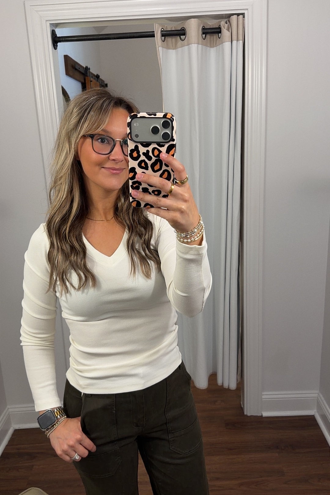 Cotton Blend Ribbed Long Sleeve V-Neck Top