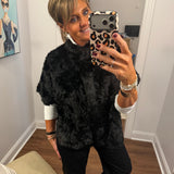 Ruched Faux Fur Poncho with Hidden Buttons Black