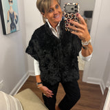 Ruched Faux Fur Poncho with Hidden Buttons Black