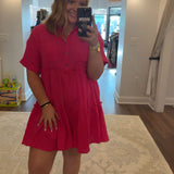 Hot Pink Half Button Gauze Tier Midi Dress