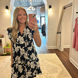 Black & White Floral Ruffle Sleeve Dress